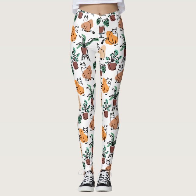 Leggings Art de trait dessin chats et fleurs (Devant)