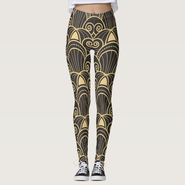 Leggings Art Déco : Carreaux géométriques dorés. (Devant)