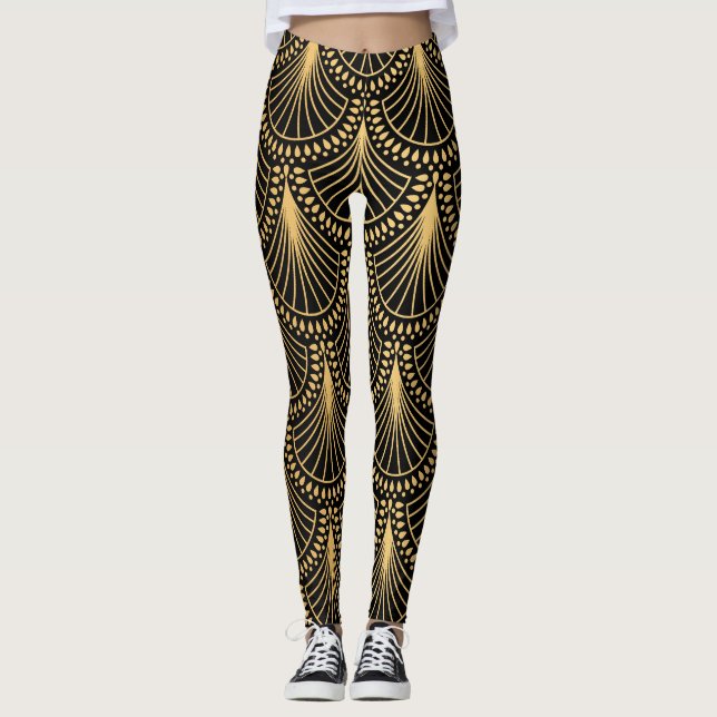 Leggings Art Déco, or noir, motif sans soudure. (Devant)