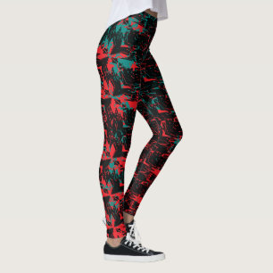 Leggings Art Glitch Floral Répétition Rouge et Sarcelle