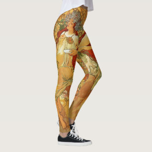 Leggings Art Nouveau Autumn Woman Gold Brown Alphonse Mucha