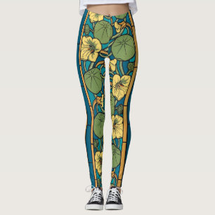 Leggings Art Nouveau Nasturtium Bleu Or floral Verneuil