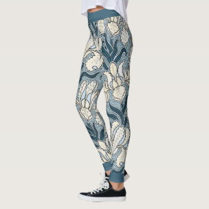 Leggings Art Nouveau vintage, fleurs d'iris de jardin bleue