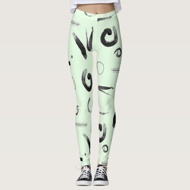 Leggings Asiatique Abstrait Noir sur Design Vert (Devant)