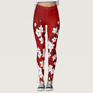 Leggings Asie Floral blanc cerisier rouge