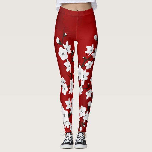 Leggings Asie Floral blanc cerisier rouge (Devant)