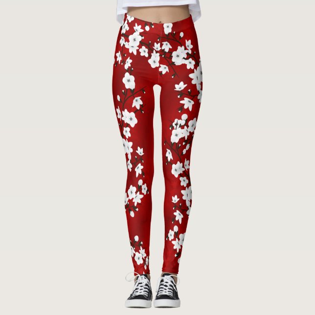 Leggings Asie Floral blanc cerisier rouge (Devant)