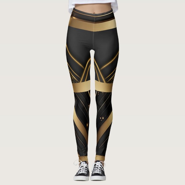Leggings Athletic moderne géométrique noir et or (Devant)