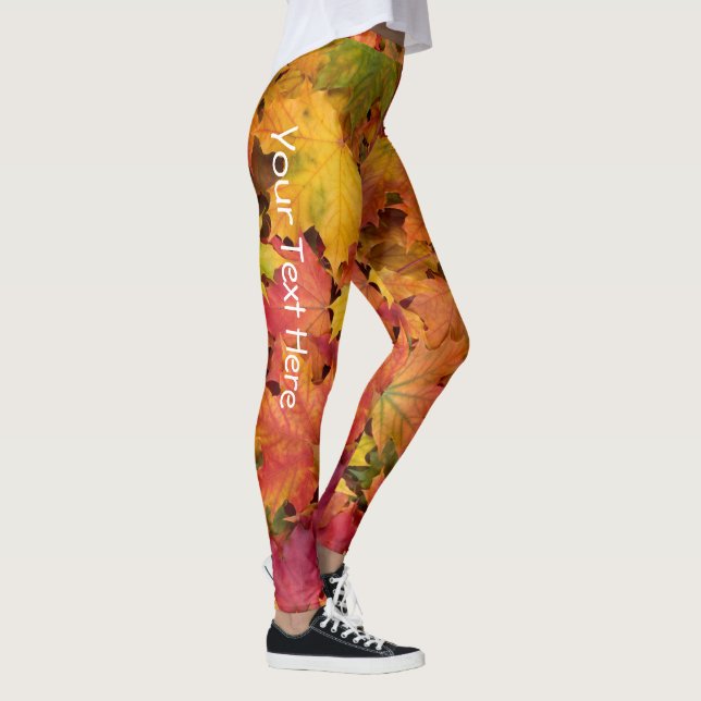 Leggings Automne Feuilles Rouge Jaune Or Texte Personnalisé (Droite)