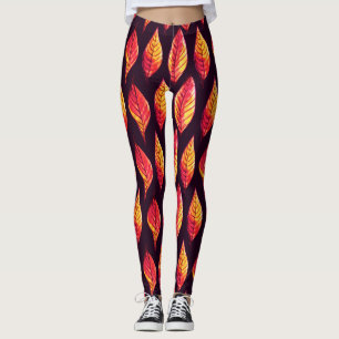 Leggings Automne Laisse Motif En Rouge Foncé Et Jaune