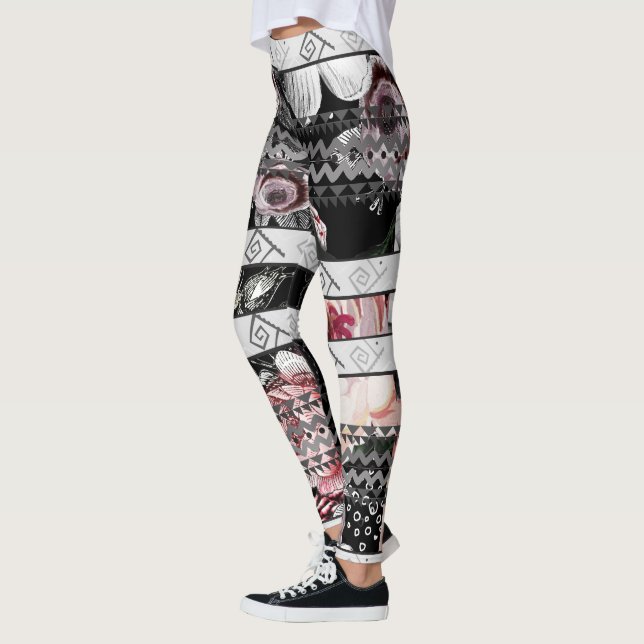 Leggings Aztec Floral rose violet et noir Rose Motif (Gauche)