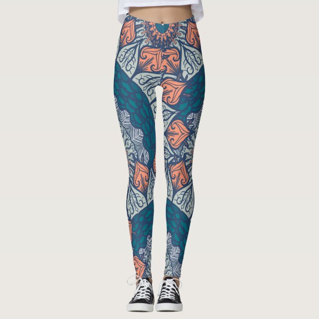 Leggings Aztec Mandala yoga turquoise et orange boho leggin (Devant)