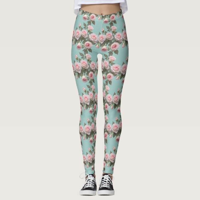 Leggings Baby Pink Roses With Sage Green Leaves (Devant)