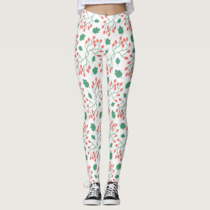 Leggings Baies rouges et motifs feuille verts