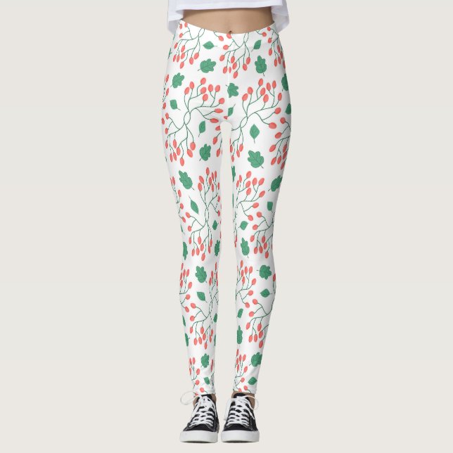 Leggings Baies rouges et motifs feuille verts (Devant)