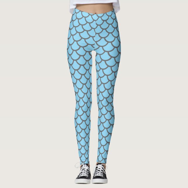 Leggings Balances de poissons de sirènes turquoise et grise (Devant)