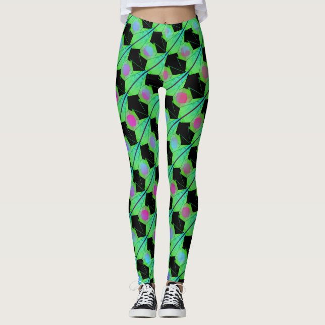 Leggings Bandes, cercles lilas bleus ou hexagone abstrait (Devant)