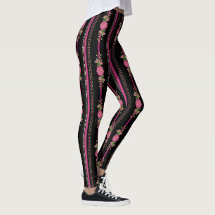 Leggings Bandes noires et roses et pattes florales