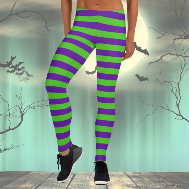Leggings Bandes vertes et violettes (Purple and Green Halloween Costume Striped Leggings for Women)