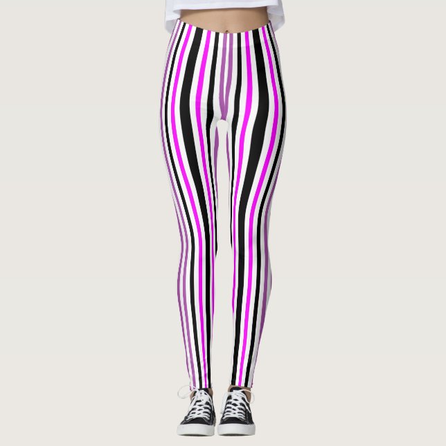 Leggings Bandes verticales simples roses et noires sur blan (Devant)