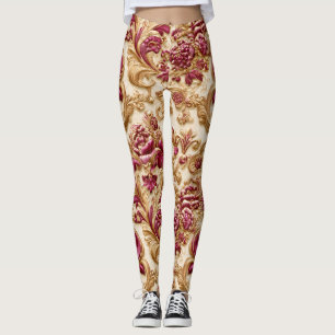 Leggings Baroque Floral Luxueux Or et Bourgogne