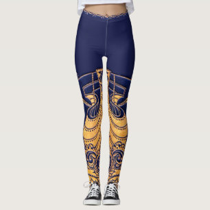 Leggings Bateau antique, Dauphins, Or, Bleu marine Nautique