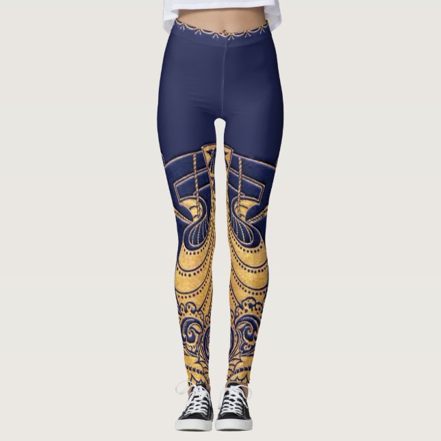 Leggings Bateau antique, Dauphins, Or, Bleu marine Nautique (Devant)