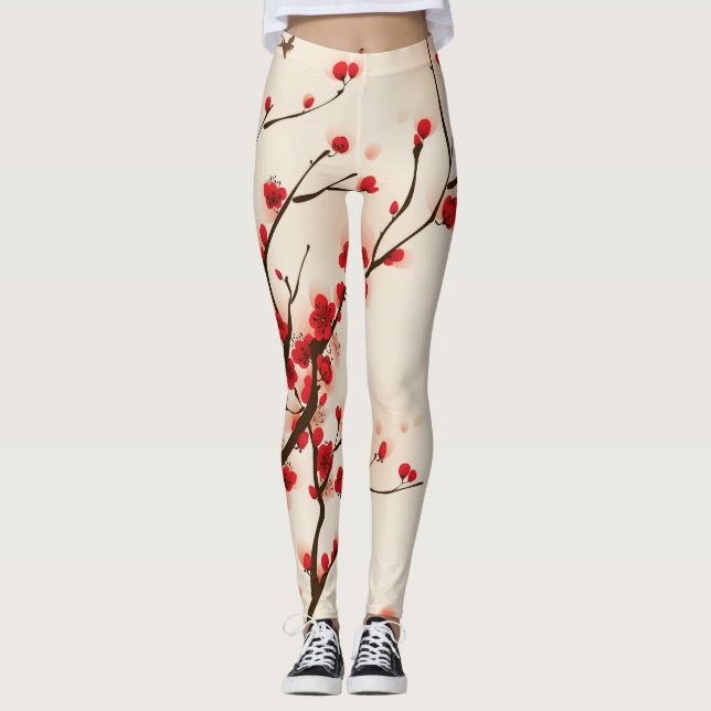 Leggings Belle aquarelle de fleur de prune au printemps (Devant)