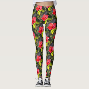 Leggings Belle Fleur d'Hibiscus Tropical Rouge Artistique
