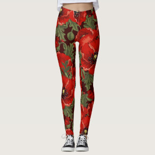 Leggings Belles pivoines rouges feuilles vertes sur fond no