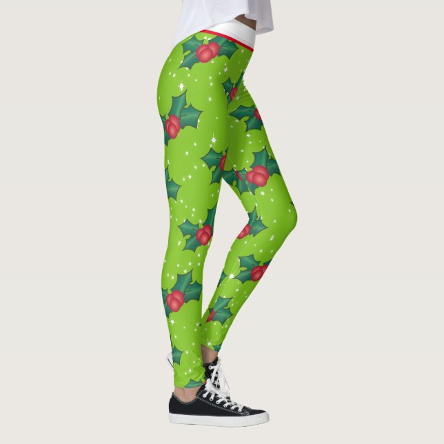 Leggings Berries Holly avec neige et étoiles sur vert clair (Droite)