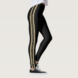 Leggings Black and Gold Glitter Custom Text Athletic Stripe