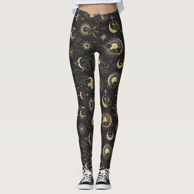 Leggings Black and Gold Moon Star Sun Astrology Art (Devant)