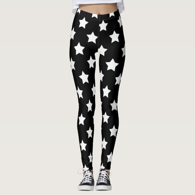 Leggings Black White Stars Motif Décor (Devant)