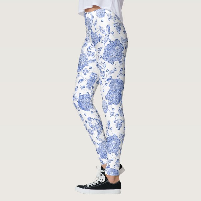 Leggings Blanc floral blanc bleu de Toile d'étoile de David (Gauche)