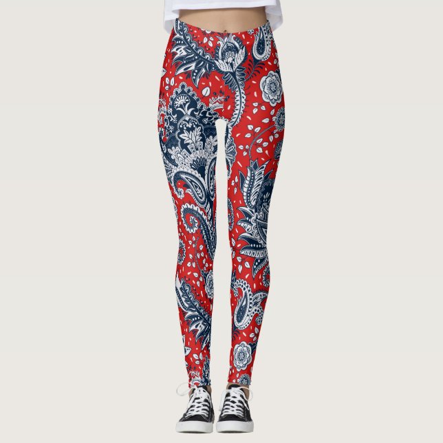 Leggings Blanc rouge et bleu Floral Paisley Bohemian Boho (Devant)