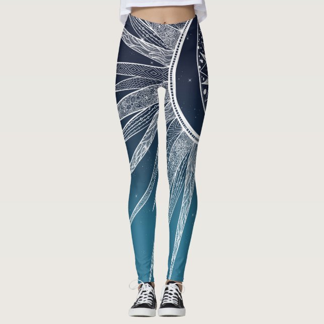 Leggings Blanc Sun Moon Mandala Blue Gradient Design (Devant)