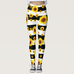 Leggings Blancs Noirs Avec Fleur De Tournesol