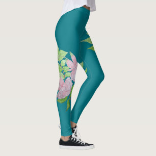 Leggings bleu de turquoise et motif de fleur rose audacieux