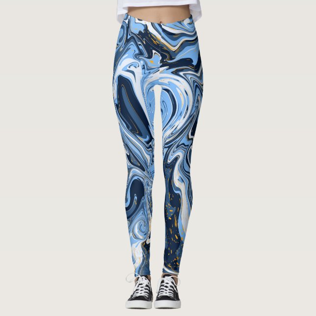 Leggings Bleu et Marbre blanc Fluid Art (Devant)