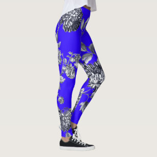 Leggings Bleu français noir et blanc Toile floral botanique