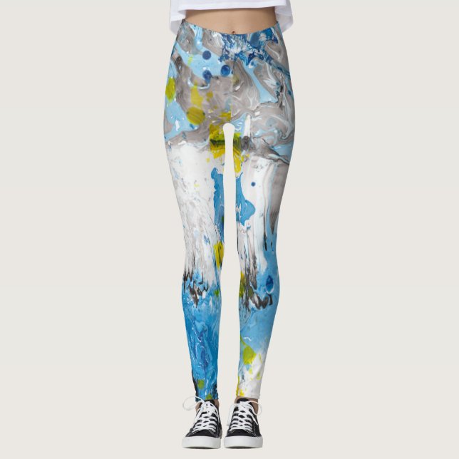Leggings Bleu Jaune Blanc Moderne Art Abstrait élégant (Devant)