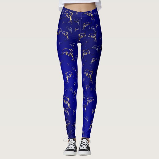 Leggings bleu, or, dauphin, poisson, nature, aquatique, des (Devant)