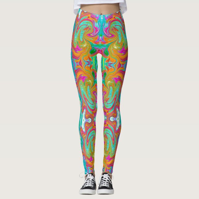 Leggings Bleu, orange et rose chaud Super Abstrait Rétro (Devant)