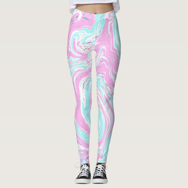Leggings Bleu rose et Turquoise Coton Bonbons Couleurs Marb (Devant)