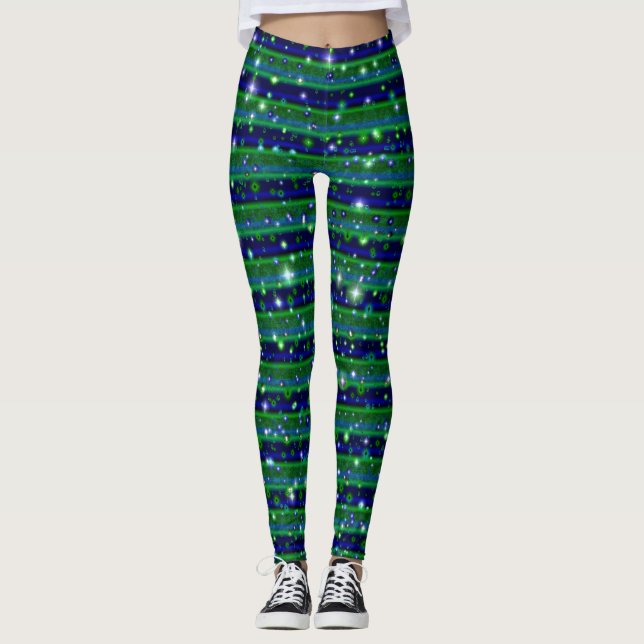 Leggings Bleu vert rayures avec étoiles et Raindrops (Devant)