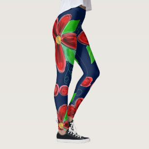 Leggings Bleus Aux Fleurs Rouges