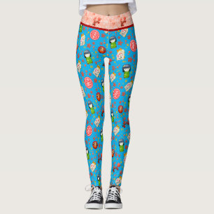 Leggings Blue Retro Japonais Maneki Neko Cat et Geisha