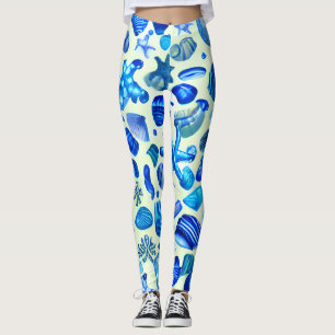 Leggings Blue Sea Shells Ocean Motif