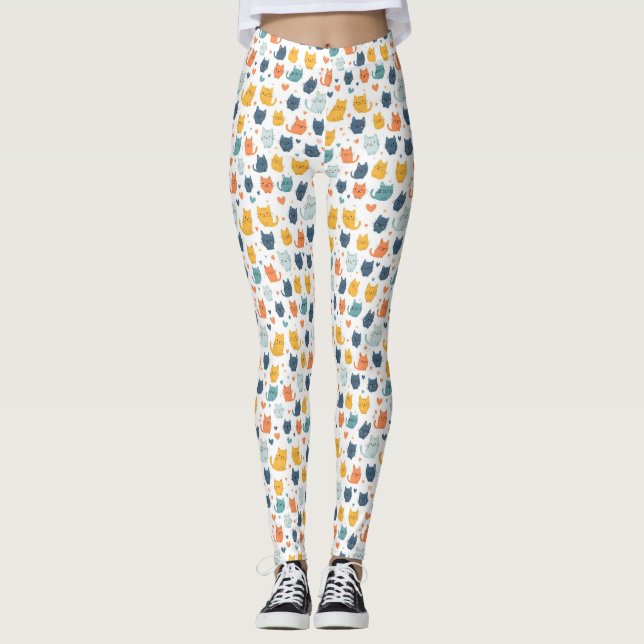 Leggings Blue Yellow Orange Kawaii Whimsical Cat Pattern (Devant)